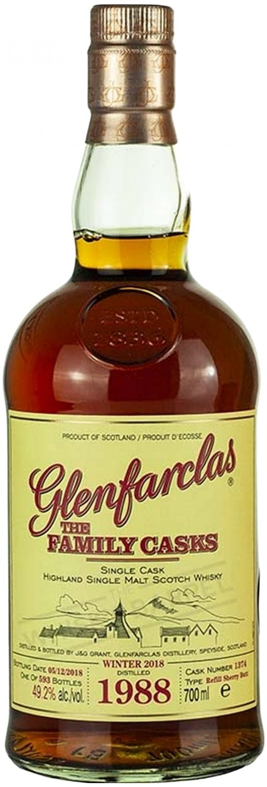 Glenfarclas, Highland Single Malt The Family Casks W18 Refill Sherry Butt Single Cask 1374 Bottled 2018, Speyside 1988